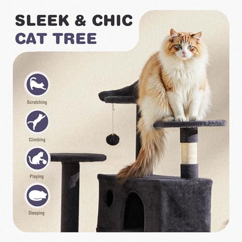 Cat playing with dangling bell toy on Aidoly tower