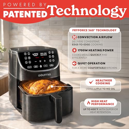 Side profile of black Gourmia air fryer