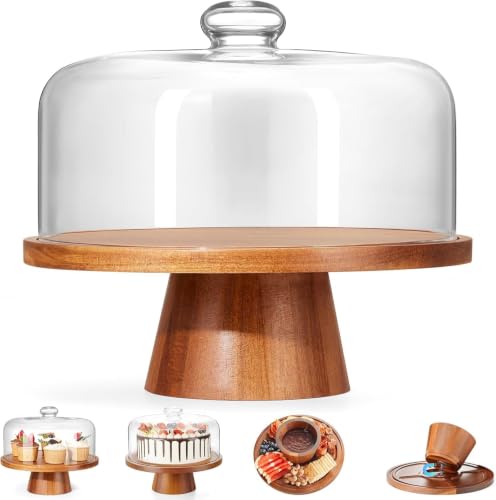 VIVIRBIEN 11in acacia wood cake stand with glass dome