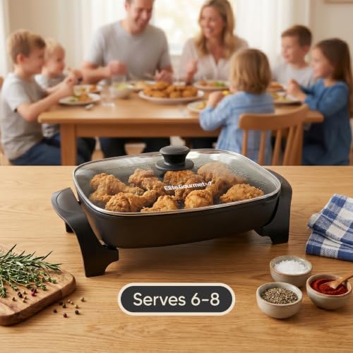 Elite Gourmet Skillet with glass lid and pour spout