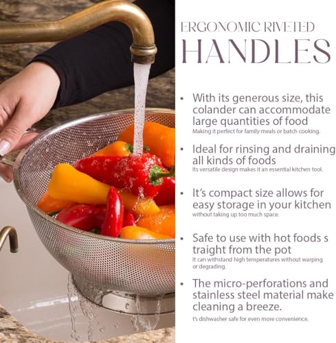 Stainless steel colander being used for pasta