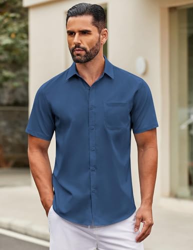 Close up of COOFANDY shirt collar and buttons