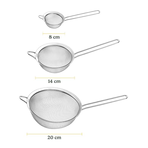 Three stainless steel mesh strainers arranged together