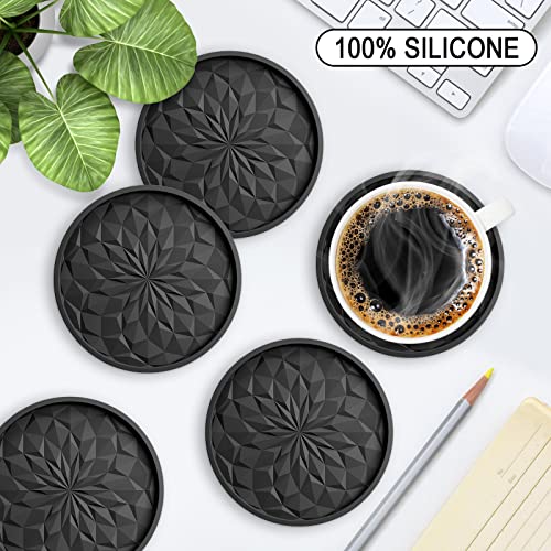 Top view of black silicone drink coaster with grooved pattern