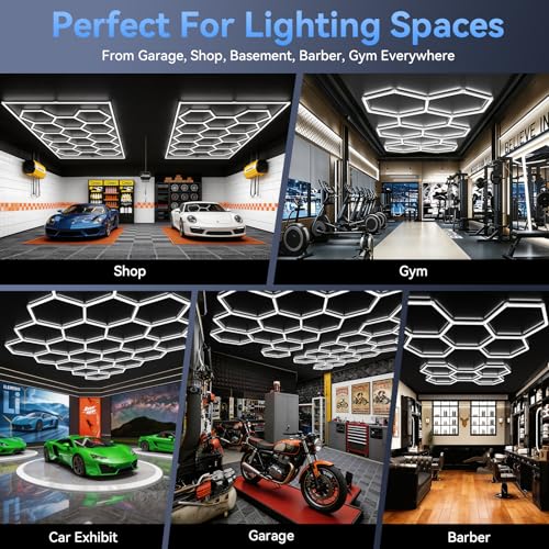 Hexagon lighting system installed in garage