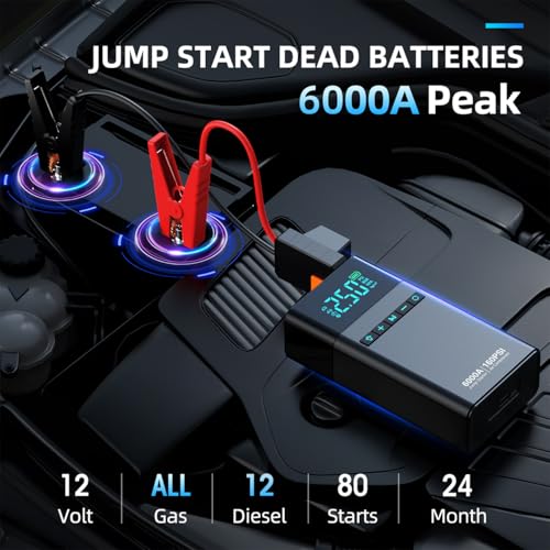 Close up of MAIDELI jump starter LED screen and air gauge