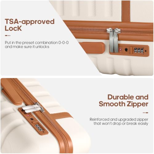 Beige suitcase interior organization and straps