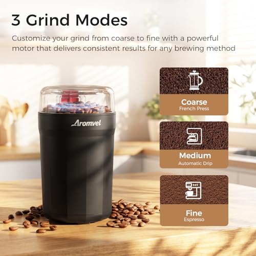 Close up of Aromvel coffee grinder black base and motor housing