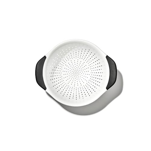 Side view of white 3 Qt OXO colander