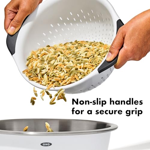 Draining pasta in OXO Good Grips white strainer