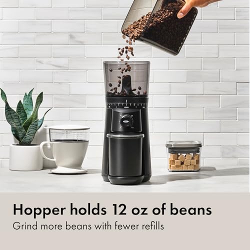 Close up of OXO coffee grinder 40mm stainless steel burrs