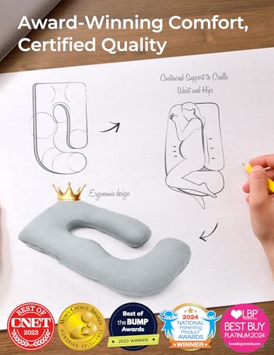 Momcozy pregnancy pillow in a resting position