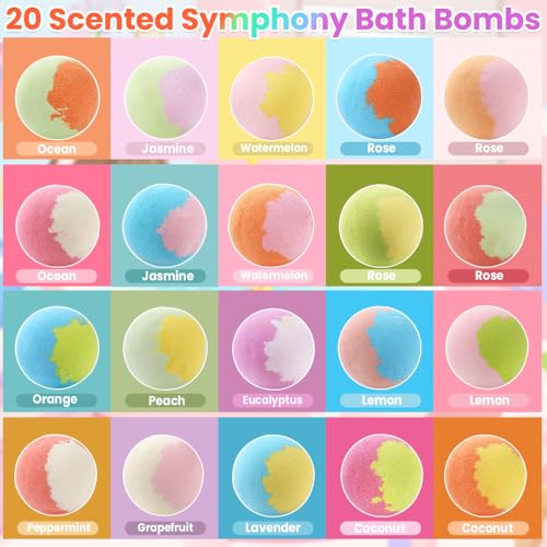 Twenty colorful bath bombs in a display