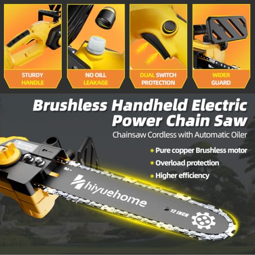 The hiyuehome electric chainsaw cutting wood in a garden