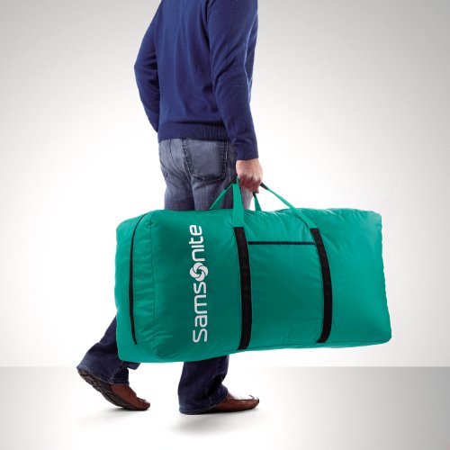 Turquoise Samsonite duffel bag folded and collapsed