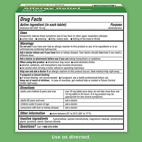 Back view of allergy relief tablet bottle with directions