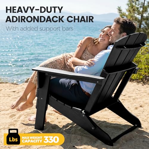 Stack of folded EcoVida Outdoors Adirondack chairs in a garage