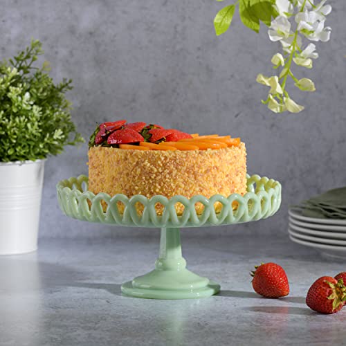 Handmade green glass cake stand front view