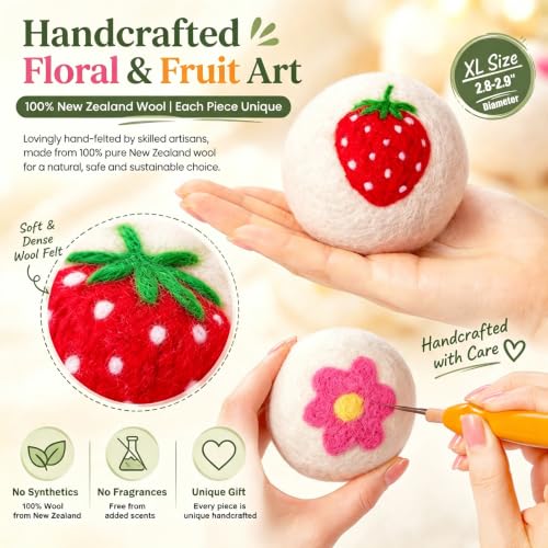 Handcrafted felt wool dryer balls in floral pattern