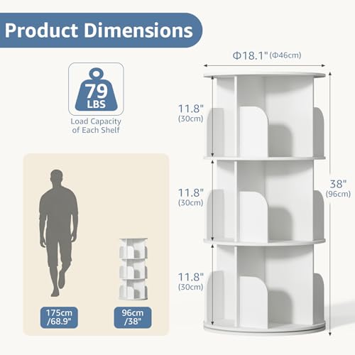 Side angle of white 3 tier rotating bookshelf
