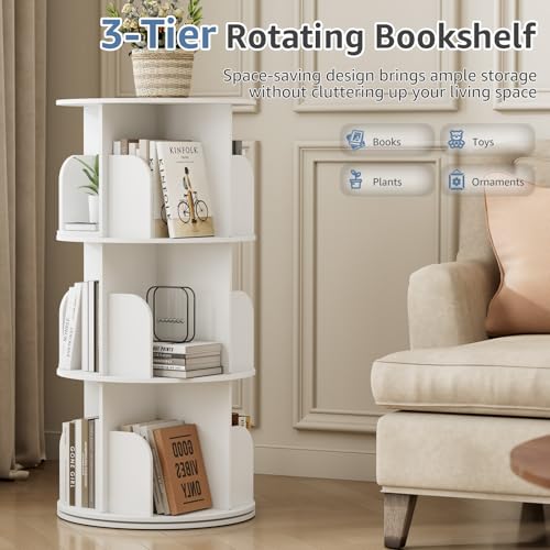 Close up of DUMOS rotating bookshelf storage layers