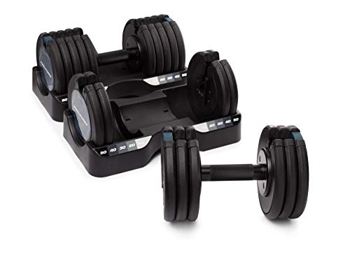 Adjustable dumbbells in their storage trays