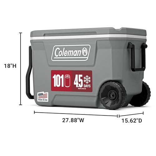 Coleman 62-Quart cooler side profile with wheels