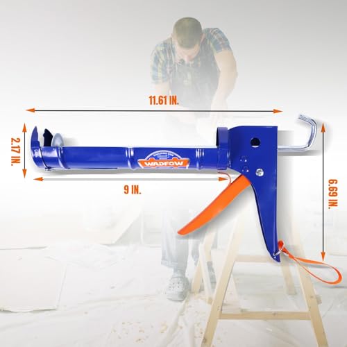 Blue and orange WADFOW drip-free caulk gun handle detail