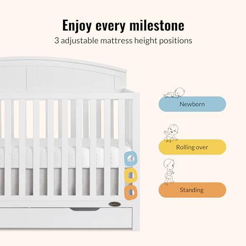 Dream On Me Storybrooke white crib showing adjustable mattress height settings