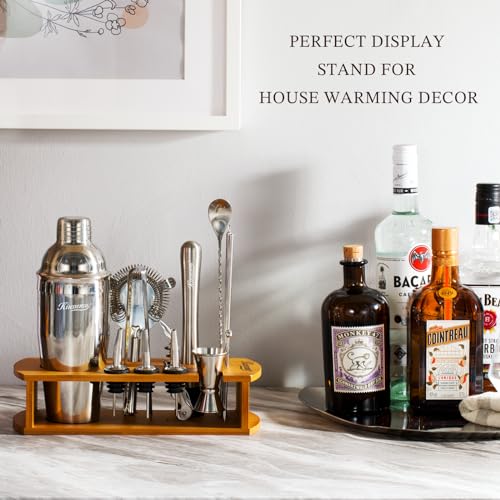 Bartender kit tools with wooden storage stand