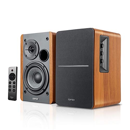 Edifier R1280DBs front view wood grain