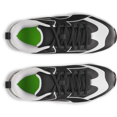 Close up of synthetic upper and lace construction on black cleats