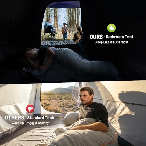 Blue 6 person instant camping tent setup
