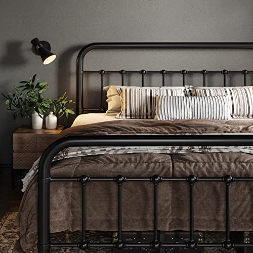 Allewie Queen Metal Bed Frame with Victorian Iron-Art Headboard