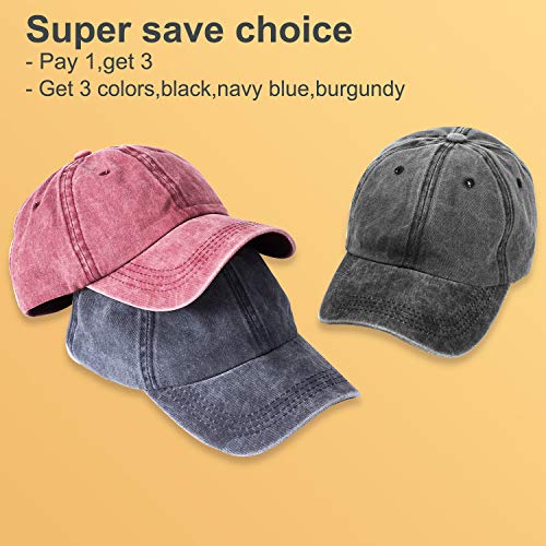 Three-pack vintage dad hats in black blue and burgundy