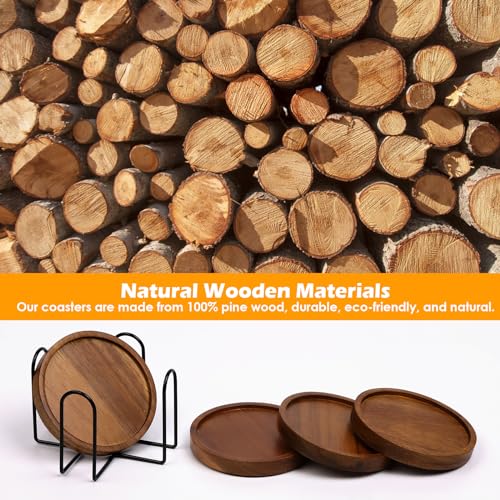 Brown wooden coasters with metal holder