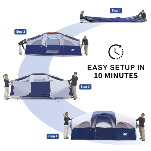 Blue CAMPROS CP tent set up in campsite