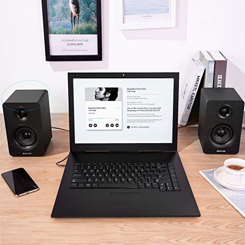 Sanyun SW208 black speakers on desk