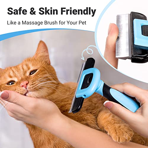 Blue pet brush with safety blade cover attached