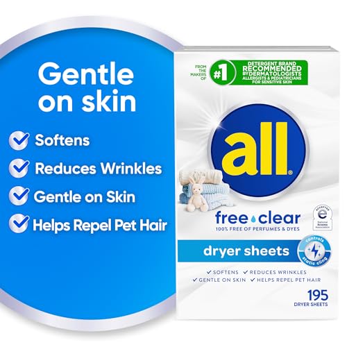 all free clear Fabric Softener Dryer Sheets for Sensitive Skin, 195 Count individual sheet