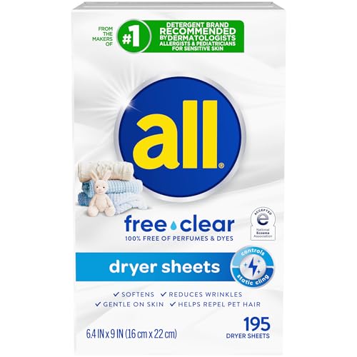 all free clear Fabric Softener Dryer Sheets for Sensitive Skin, 195 Count stack of sheets
