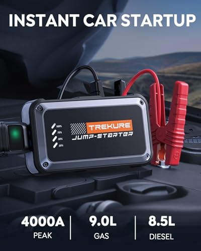 TREKURE jump starter attached to car battery