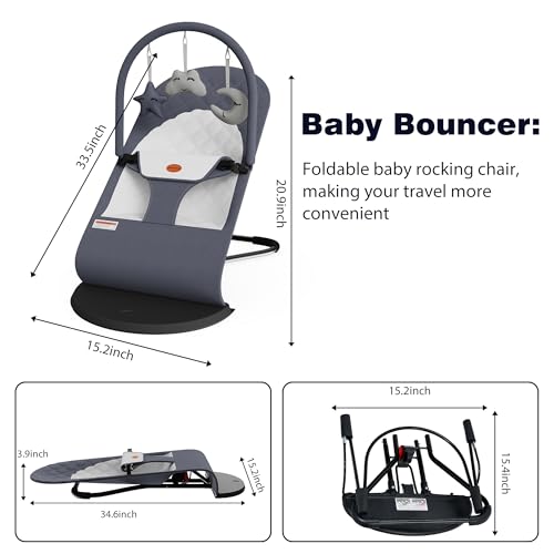 Grey bouncer seat with detachable hanging toys