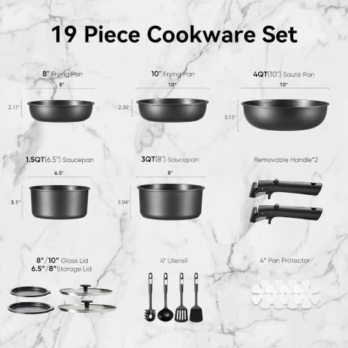 Pots and pans with detachable handles removed for storage