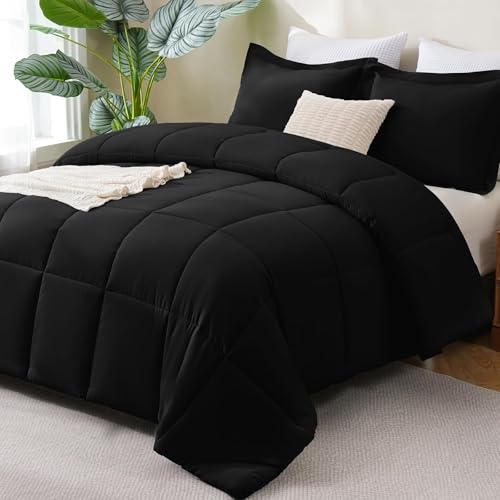 CozyLux Queen 3-Piece Black Comforter Set folded