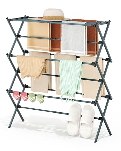APEXCHASER 3-Tier Foldable Clothes Drying Rack Navy Blue