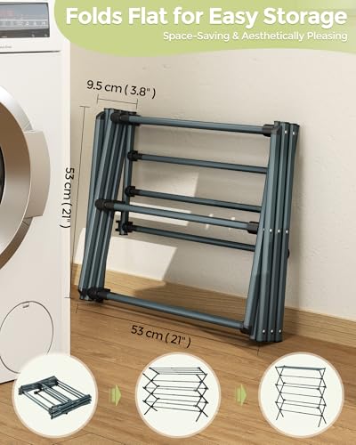 Side profile of navy blue clothes drying rack