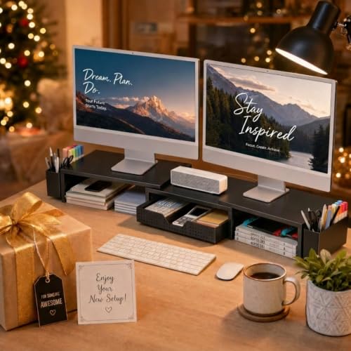 Black desktop organizer and computer shelf