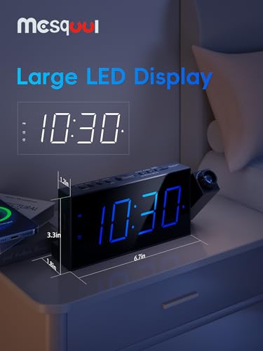 Mesqool clock projecting blue time on ceiling