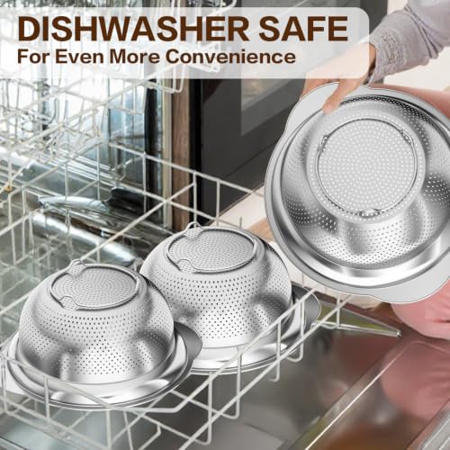 Stainless steel colander draining hot pasta